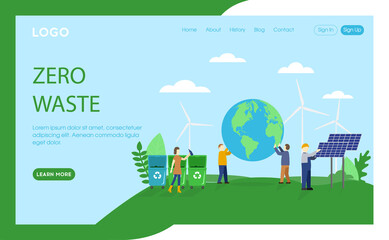 Obraz na płótnie Canvas Webpage Template Vector Illustration In Flat Cartoon Style. Website Interface Composition Of Zero Waste Ecological Concept. Characters Keeping World Globe, Using Alternative Energy Sources, Recycling