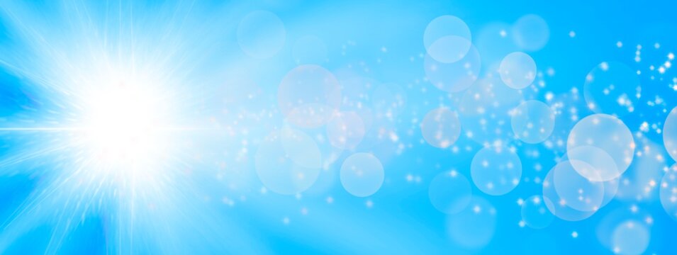 Banner azzurro turchese con sole raggiante e bokeh con stelle. Sfondo cielo blu.