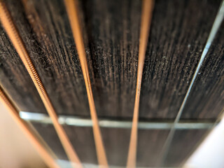 Close-up photo of acoustic guitar steel strings 