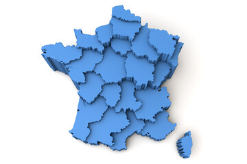 Map of France showing all regions. 3D Rendering