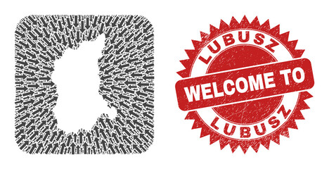 Vector collage Lubusz Voivodeship map of motion arrows and rubber Welcome seal. Collage geographic Lubusz Voivodeship map designed as carved shape from rounded square shape with pointer arrows.