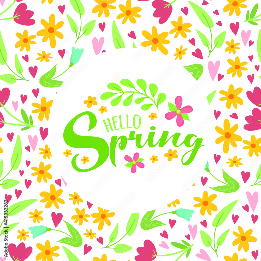 Poster seamless pattern background with spring floral elements in simple flat hand drawn style and letterin