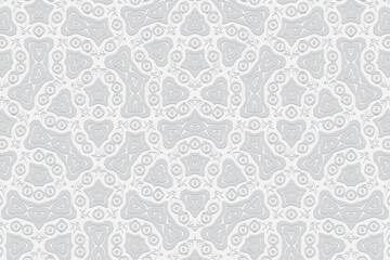 Geometric convex volumetric 3D texture. Curly white background with embossed ethnic ornament for presentations.