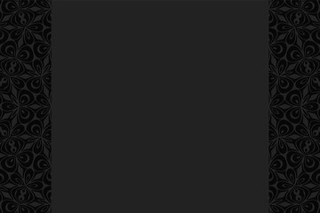 Geometric convex volumetric 3D texture. Curly black background with a relief original ornament of ethnic elements and figures for presentations, websites. Vertical inserts.