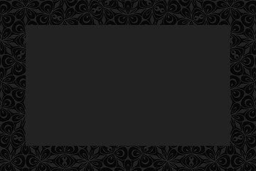 Geometric convex volumetric 3D texture. Curly black background with a relief original ornament of ethnic elements and figures. Frame for text, presentations.