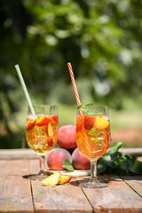 Fresh Homemade Peach Sweet Tea with Mint and Peach Slices, Summer cold fruit drink outdoors. Colorful cocktail and mocktail on a wooden background