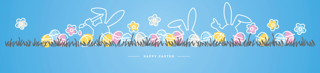 Fototapeta na wymiar Happy Easter line design art rabbits and flowers colorful eggs in grass Easter egg hunt spring pastel color palette 2021 blue background greeting card