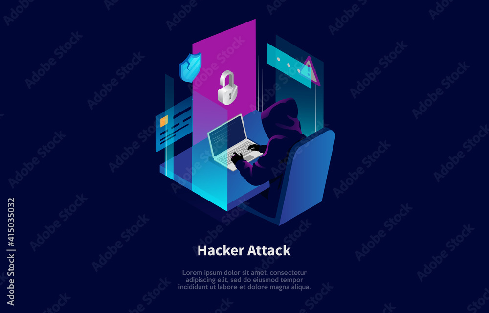 Poster isometric composition in cartoon 3d style. vector illustration on dark background with text and elem
