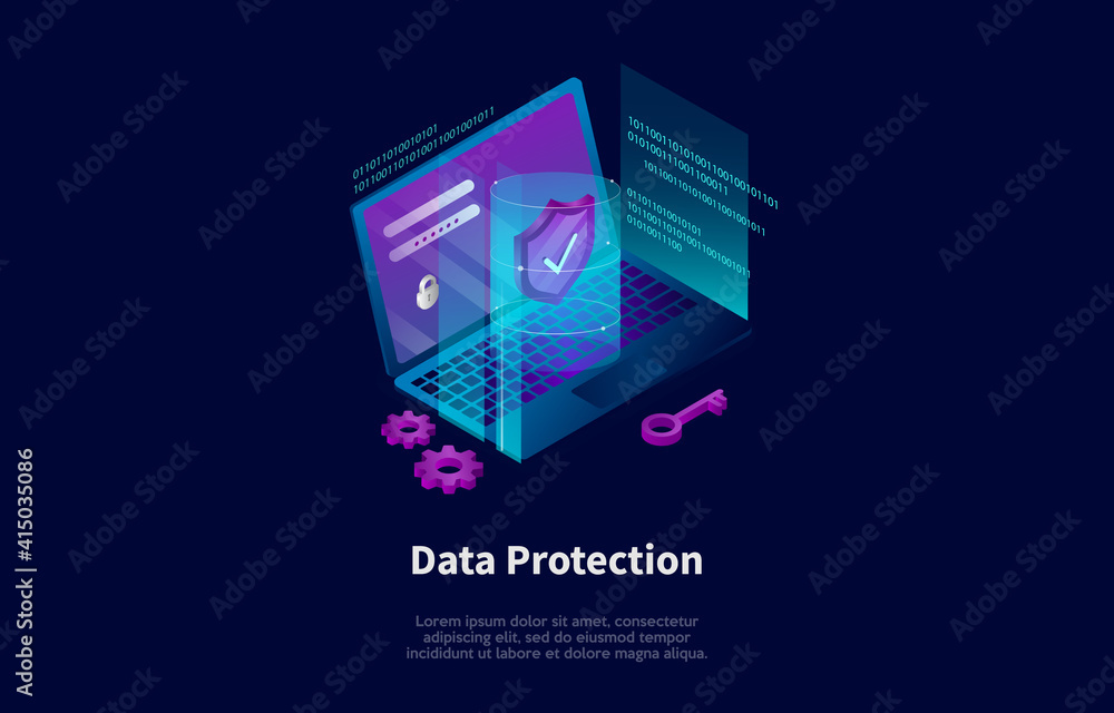 Poster isometric composition in cartoon 3d style. vector illustration on dark background with text and elem