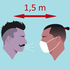 Quarantine. Two guys. Guy with top knot in mask. Man with mustache. Two silhouettes opposite each other. Safe distance