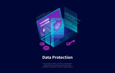 Isometric Composition In Cartoon 3D Style. Vector Illustration On Dark Background With Text And Elements. Data Protection Concept Design. Laptop With Password And Lock On Screen, Safety Shield Near