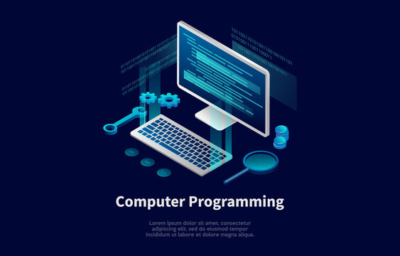 Computer Programming Conceptual Illustration In Cartoon 3D Style. Vector Composition In Neon Colours. Dark Background And Text. Computer With Code On Screen, Keyboard And Infographic Elements Near