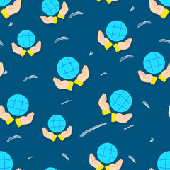 Planet in hands sign seamless pattern on blue background. Vector colorful texture. Concept of Eco friendly. World Earth day icon.