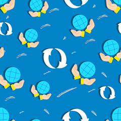 Planet in hands and sign recycling seamless pattern on blue background. Vector colorful texture. Concept of Eco friendly. World Earth day icon.