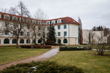 Obraz premium Pavilon Vesely at main Masaryk Square, historical building in city centre, spa resort in winter day, Lazne Bohdanec, Pardubice region, Czech Republic