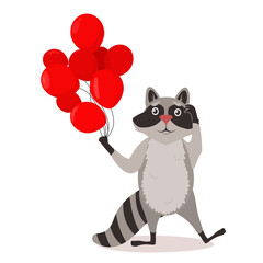 vector illustration of a raccoon with red balloons in its paw, isolate on a white background