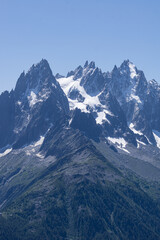 The alps and the nature of mont blanc seen during a beautiful summer day near the village of Chamonix, France - August 2020.