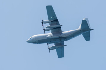 Military aircraft in the blue sky in Tel Aviv. Independence Day in Israel. Israel Air Force airshow