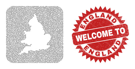 Vector collage England map of pointer arrows and rubber Welcome badge. Collage geographic England map constructed as carved shape from rounded square shape with moving arrows.