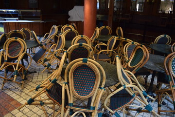Closed gastronomy in musical SI center, cleared tables, tilted chairs, lockdown because of corona pandemic, Stuttgart, Germany