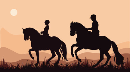 isolated realistic black silhouettes of two riders, sports, romantic walk