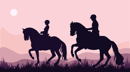 isolated realistic black silhouettes of two riders 
