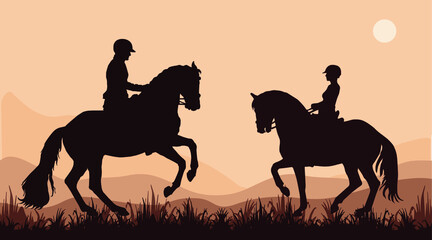 isolated realistic black silhouettes of two riders, sports, romantic walk