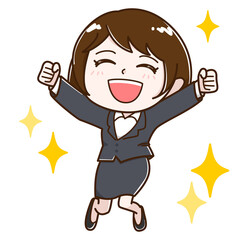 スーツで飛び跳ねて喜ぶ女性　キラキラ