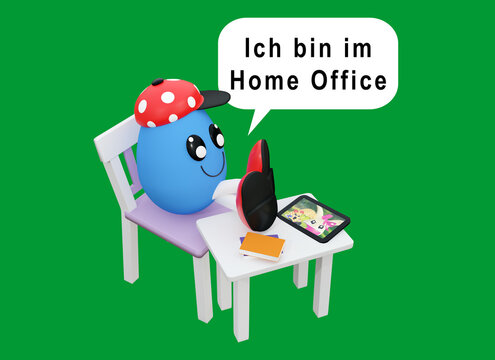 Osterei mit Cappy sitzt gemütlich am Schreibtisch und sagt zu einem wütenden Osterhasen mit Mundschutz über Tablet-PC "bin im Home Office".