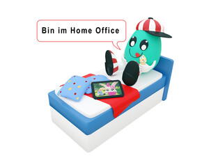 Osterei sitzt gemütlich auf dem Bett und ißt Eis. Dabei sagt es  zu einem wütenden Osterhasen mit Mundschutz über Tablet-PC "bin im Home Office".