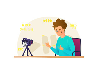 Blogger make interview, recording video on his camera, doing live stream, broadcasts vector illustration. Vlogger vector cartoon character