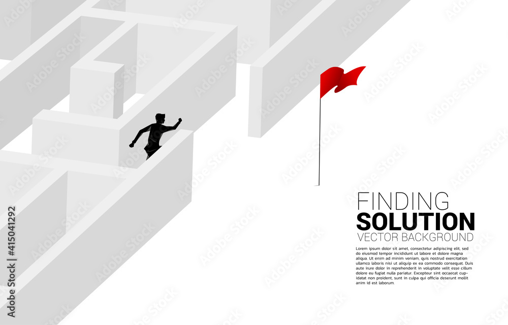 Poster silhouette of businessman find the way out from maze to red flag. business concept for finding solut