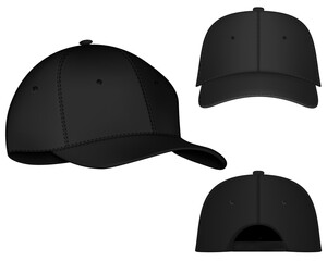 Vector baseball cap front and side view. Mockup isolated on transparent background. Uniform cap with front, back and right side view. Isolated vector illustrations set on white background.