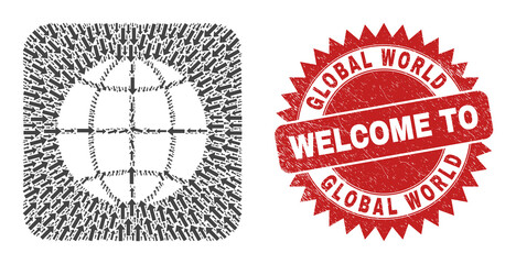 Vector collage planet globe of immigration arrows and rubber Welcome badge. Collage geographic planet globe created as subtraction from rounded square shape with pointing arrows.