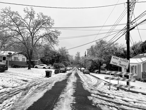 Snowy and icy roads, winter storm 2021, Austin, TX