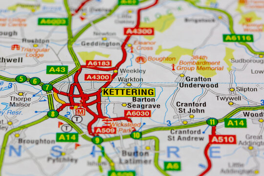 02-18-2021 Portsmouth, Hampshire, UK kettering and surrounding areas shown on a road map or geography map