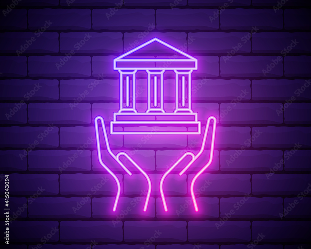 Poster bank building icon with hands. elements of web in neon style icons. simple icon for websites, web de