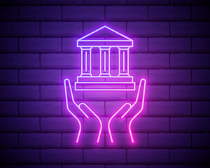 bank building icon with hands. Elements of web in neon style icons. Simple icon for websites, web design, mobile app, info graphics isolated on brick wall