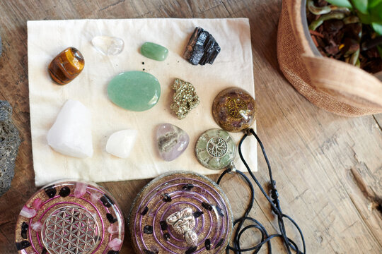 Various natural stones used to do yoga viewed from above