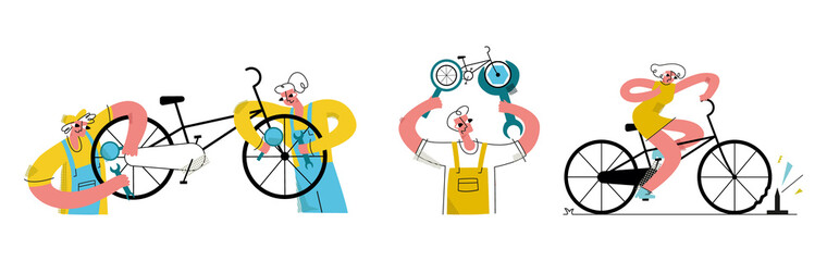 Vector flat illustration with a set of elements with bicycle repair workers. Concept of service, transport.