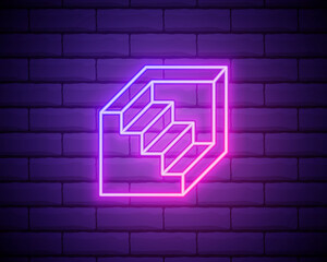 Set of ladder icons . Stairs up and down neon icons. Enter and exit neon symbols .Simple icon for websites, web design, mobile apps , infographics isolated on brick wall