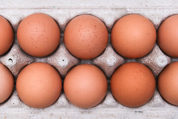 Brown eggs in recycled carton pressed box container close up