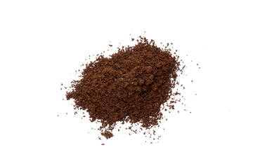ground coffee powder isolated on white background. caffeine addiction concept. above view. roasted coffee cut out