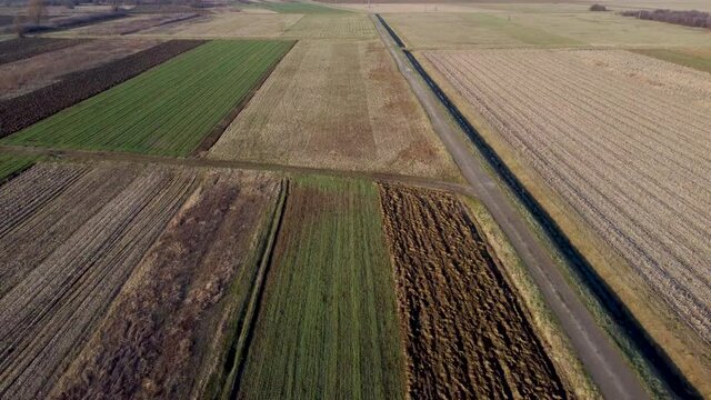 Aerial drone view of colorful fields near a village. Freshly plowed and cultivated field. Growing winter wheat. Winter crops on arable land. 
