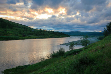 River Sob by summer sunset, Polar Ural mountains, Yamalo-Nenets Autonomous Region, Russia