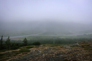 Sob River misty view near Sob station by summer, Yamalo-Nenets Autonomous Region, Russia