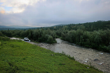 Fototapeta na wymiar Sob River morning view, Polar Ural mountains, Yamalo-Nenets Autonomous Region, Russia