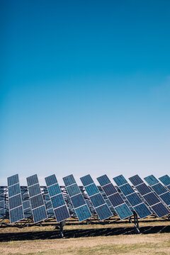 Modern solar panels installed in field against cloudless blue sky in photovoltaic power station