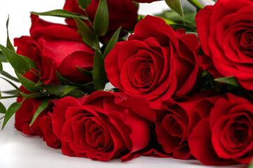 bouquet of red roses on a white table