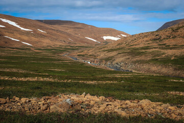 Polar tundra landscape view with river, Polar Ural mountains, Yamalo-Nenets Autonomous Region, Russia